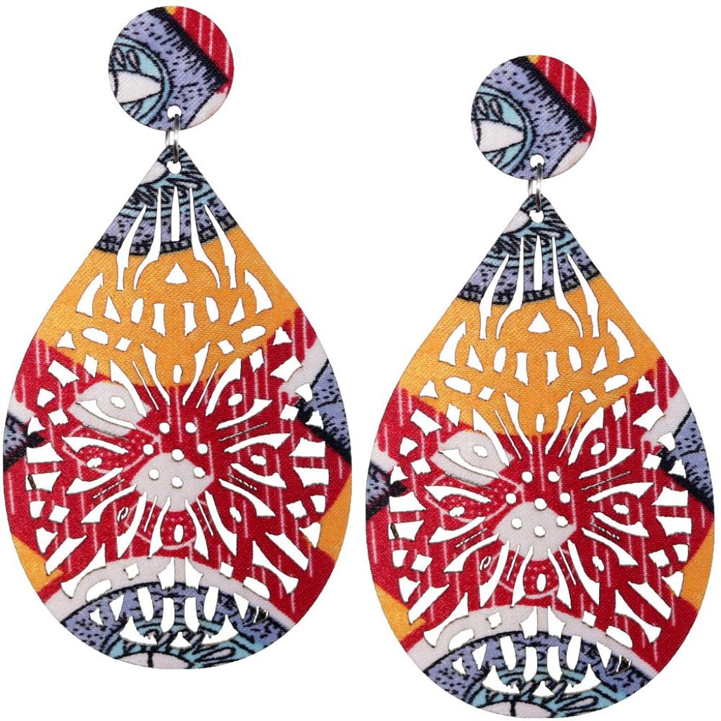 Red Yellow Evil Eye Wooden Earrings